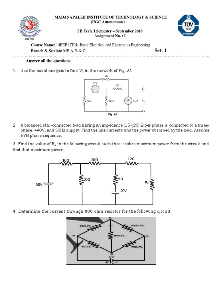 BEEE Assignment Sets for I B.Tech. | PDF | Series And Parallel Circuits ...