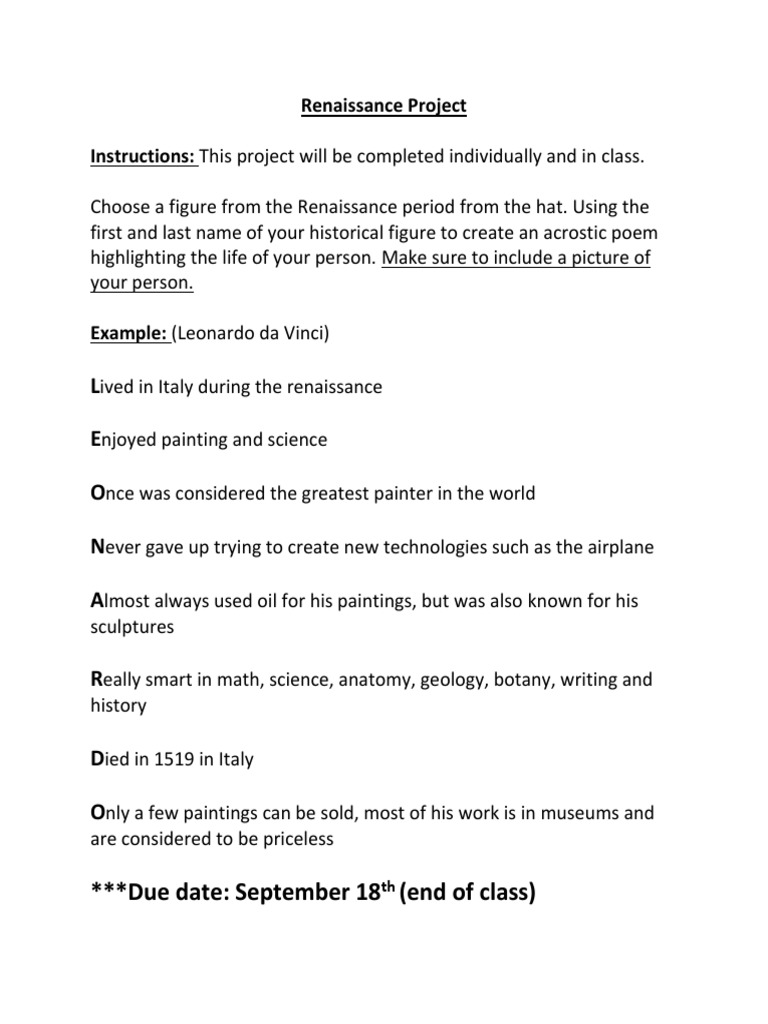 Renaissance Acrostic Poem Project | PDF