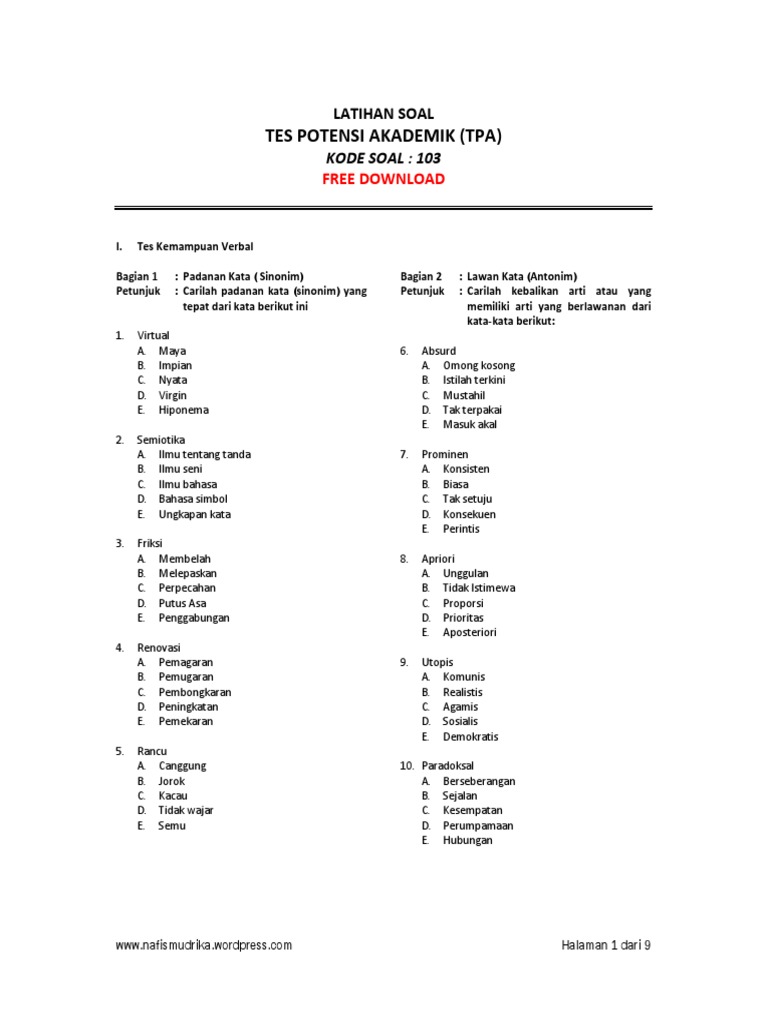 Soal Tpa Masuk Sma Pdf