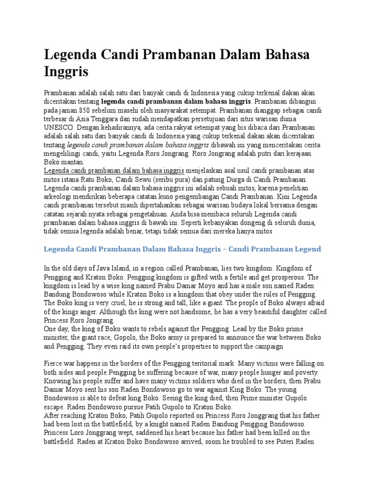 Cerita Rakyat Candi Prambanan Dalam Bahasa Inggris