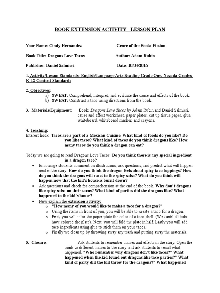 Book Extension Activity Lesson Plan Dragons Love Tacos PDF Taco Lesson Plan