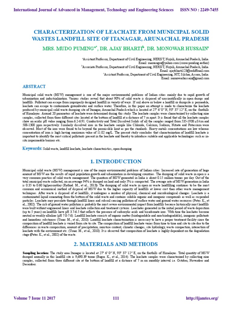 Leachate Characterization in Itanagar Landfill | PDF | Municipal Solid ...