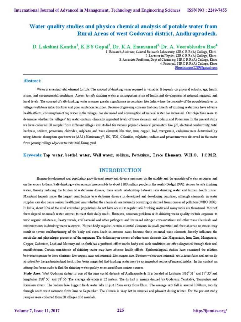 Water Quality Studies and Physico Chemical Analysis of Potable Water ...