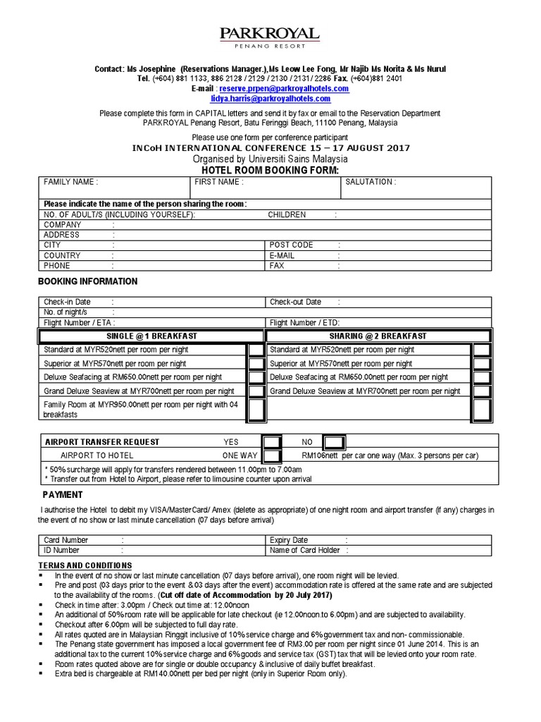 HOTEL ROOM BOOKING FORM FOR INTERNATIONAL CONFERENCE AT PARKROYAL