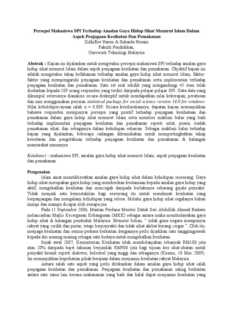 Persepsi Mahasiswa Spi Terhadap Amalan Gaya Hidup Sihat Menurut Islam Dalam Aspek Penjagaan Kesihatan Dan Pemakanan Pdf Pdf