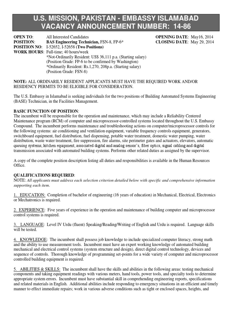 BAS Engineering Technician Vacancy at U.S. Embassy | PDF | Stepfamily ...