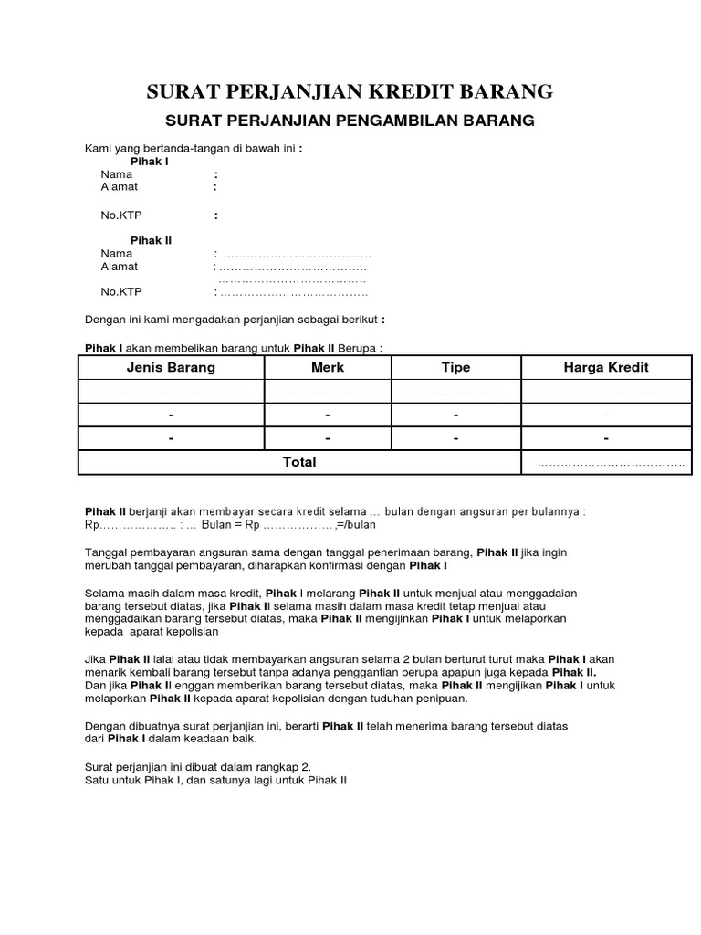 Surat Perjanjian Kredit Barang Docx