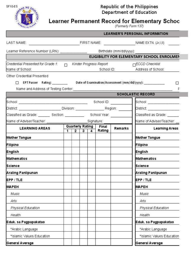 School Form 10 SF10 Learner's Permanent Academic Record for Elementary School Primary