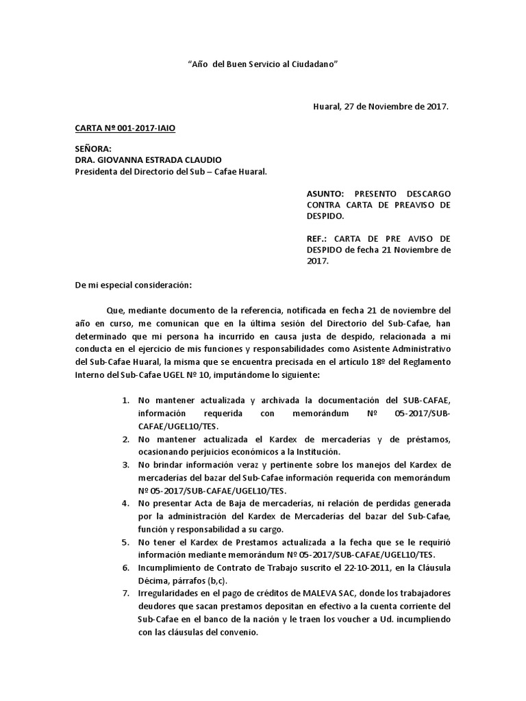 DESCARGO CONTRA CARTA DE PREAVISO DE DESPIDO.docx Debido proceso