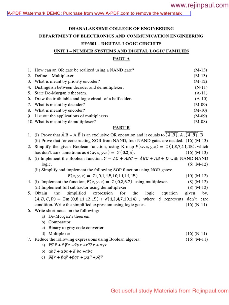 Ee6301 DLC Question Bank Rejinpaul | PDF | Logic Gate | Vhdl
