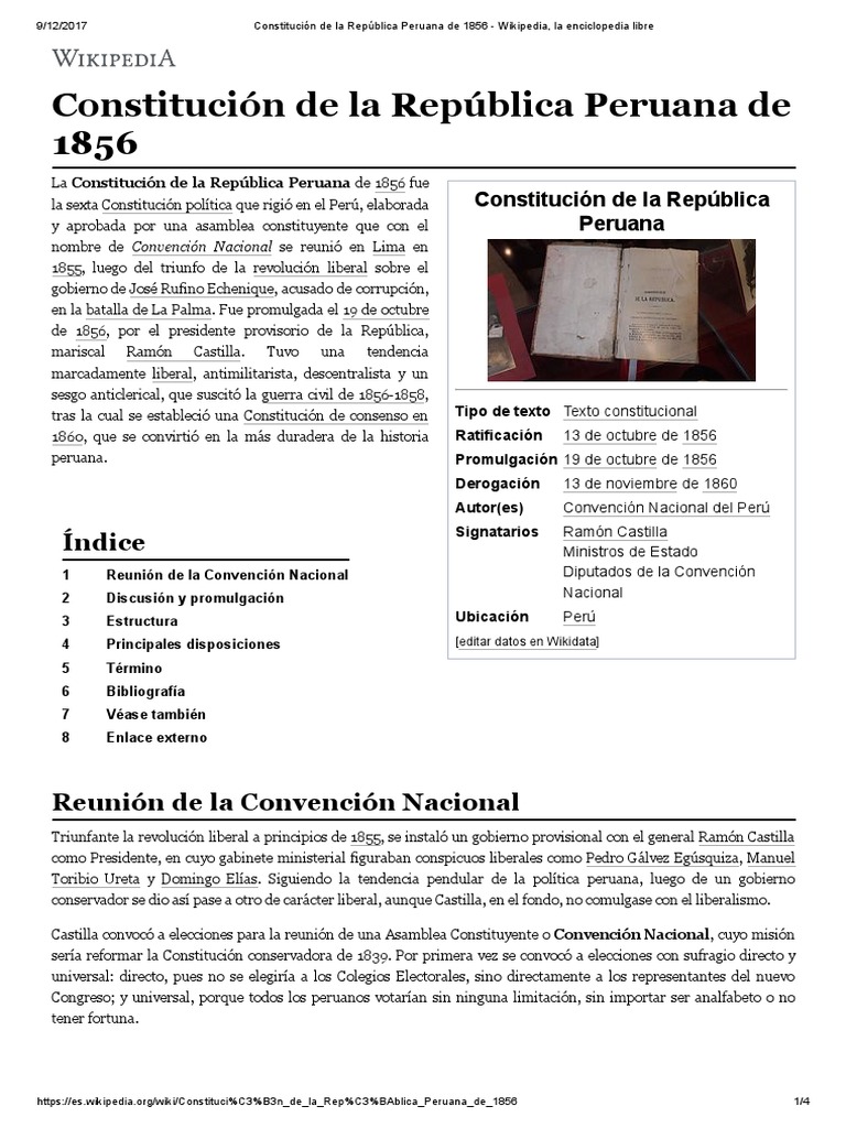 Constitución de La República Peruana de 1856 Wikipedia, La
