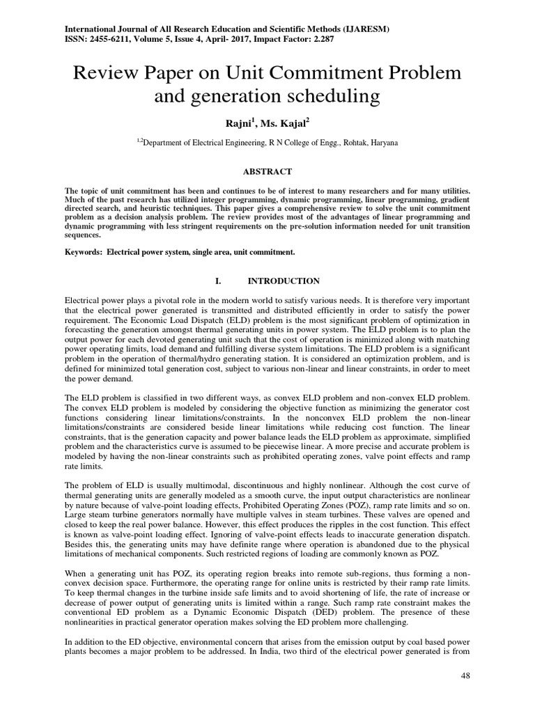 Review Paper On Unit Commitment Problem and Generation Scheduling | PDF ...
