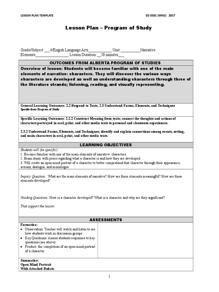 4th Grade Narrative Elements Lesson Plan | PDF | Lesson Plan | Reading ...