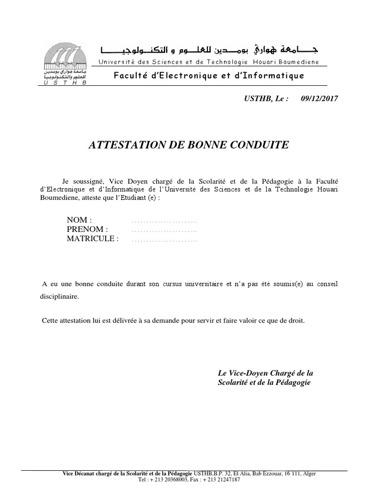 Attestation De Bonne Conduite