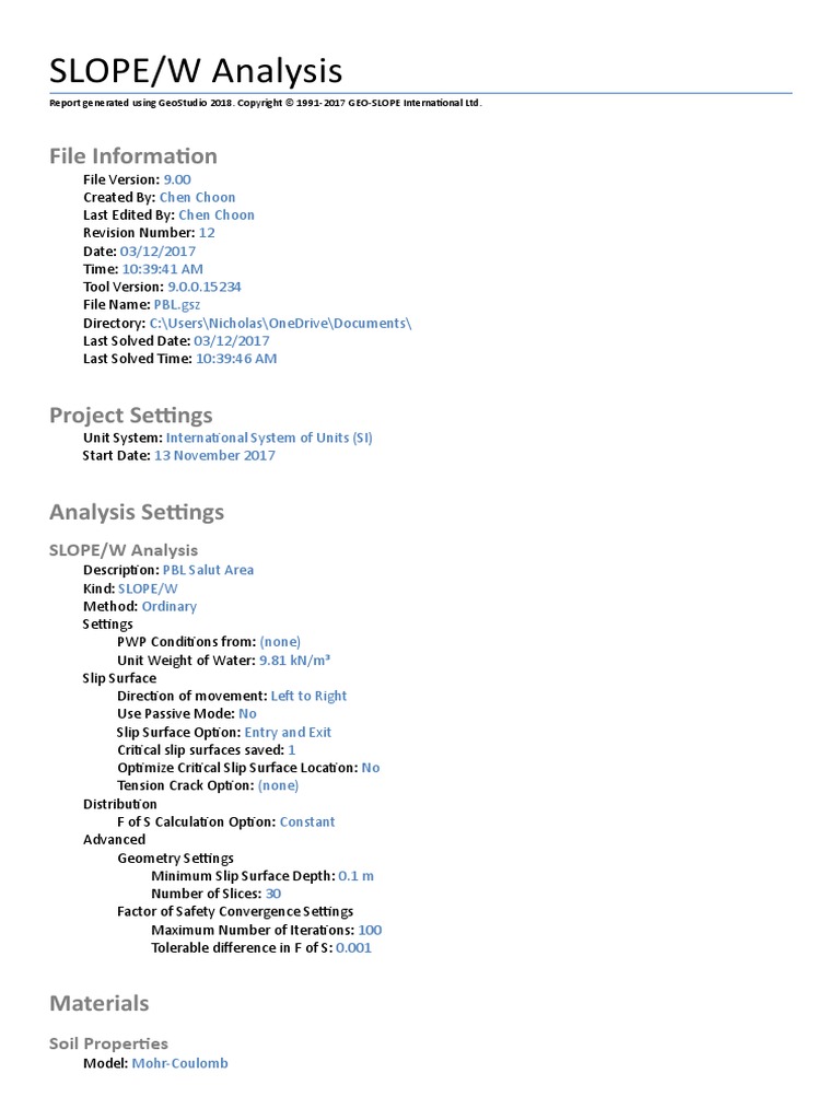SLOPE/W Analysis: File Informa On | PDF | Classical Mechanics | Engineering