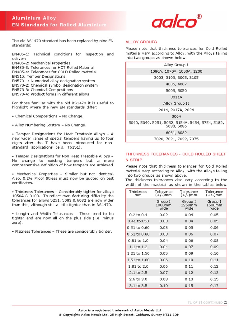 Aalco Metals LTD Aluminium Alloy en Standards For Rolled Aluminium 51 PDF Rolling