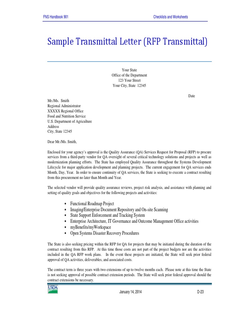 RFP Transmittal Letter Sample | PDF | Request For Proposal | Quality ...