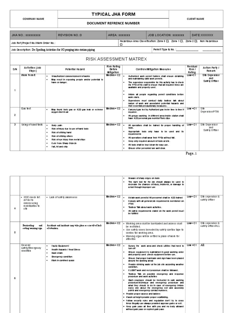 Typical Jha Form: Risk Assessment Matrex | PDF | Emergency Management ...