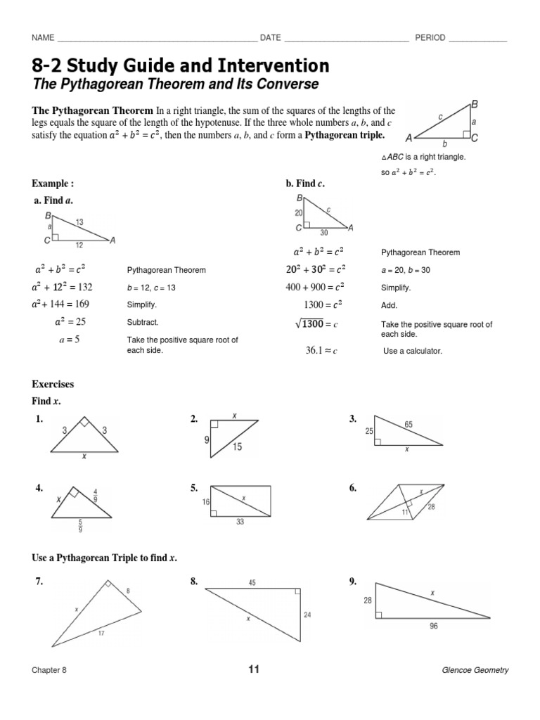Study Guide And Intervention The Pythagorean Theorem And Its Converse Euclid Mathematical Objects