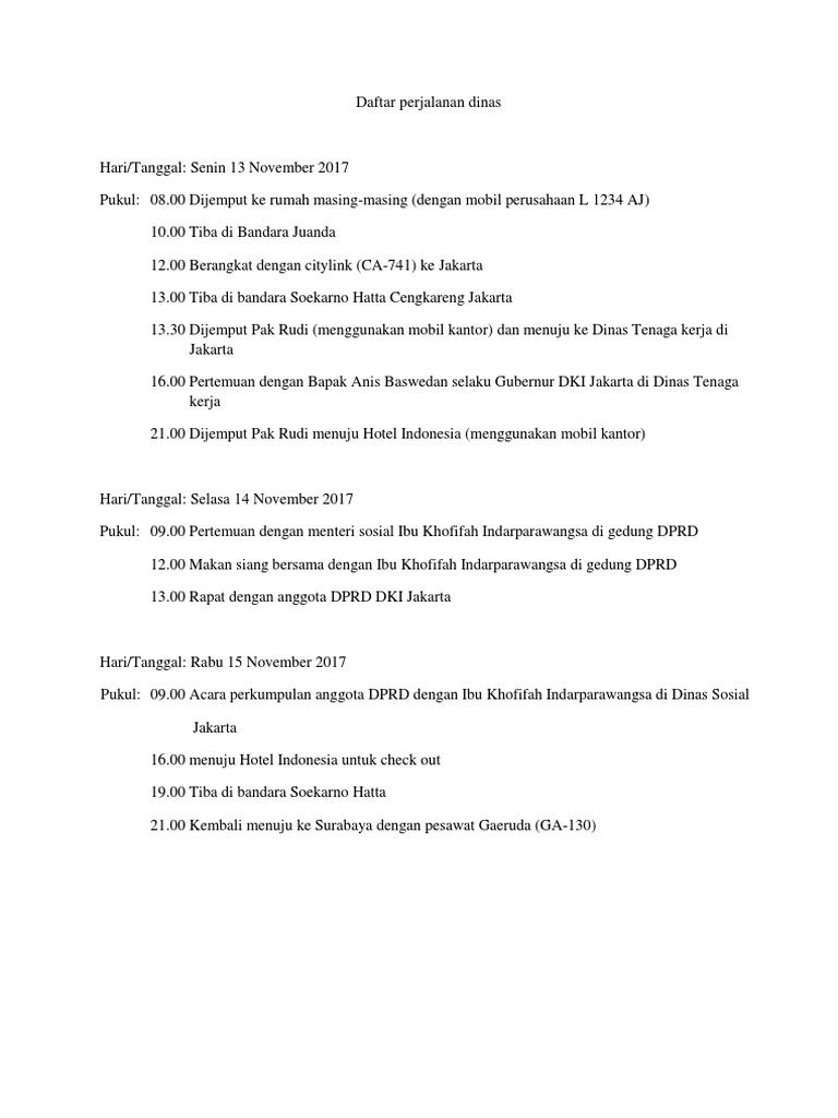 contoh Daftar perjalanan dinas