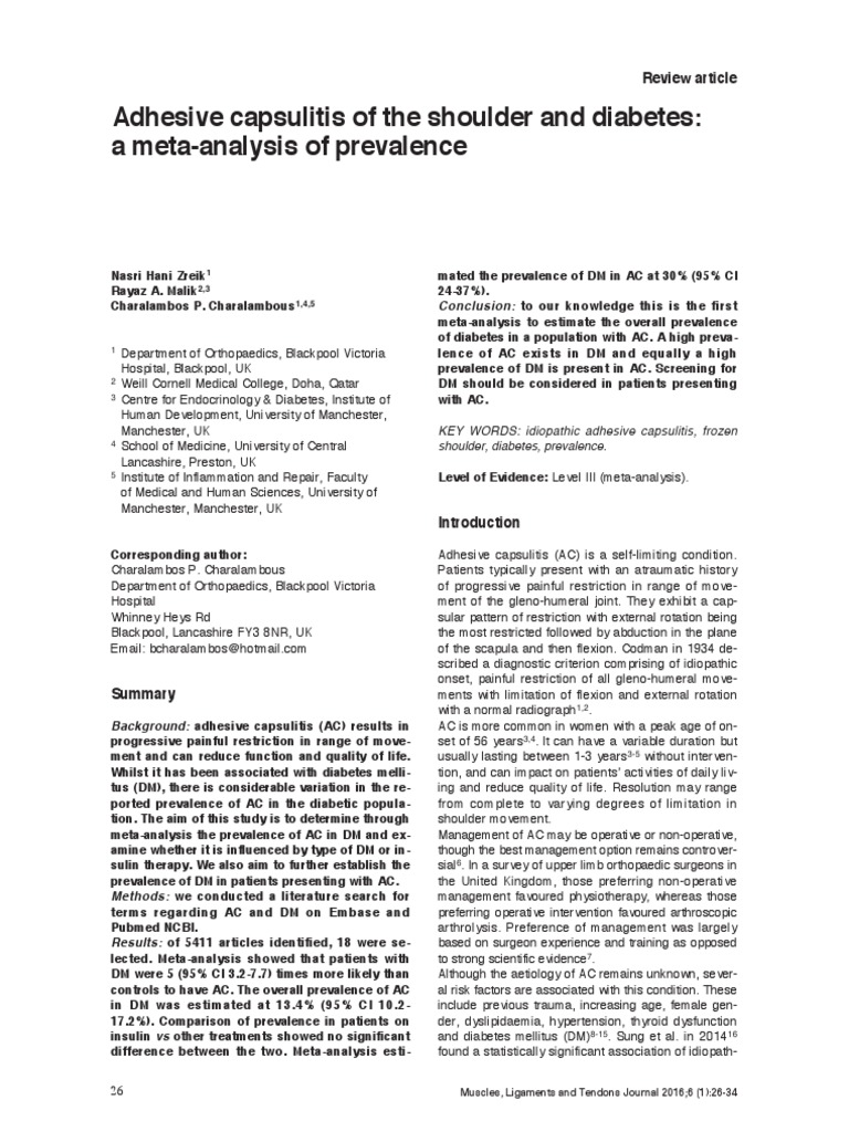 Adhesive Capsulitis of The Shoulder and Diabetes A MetaAnalysis of