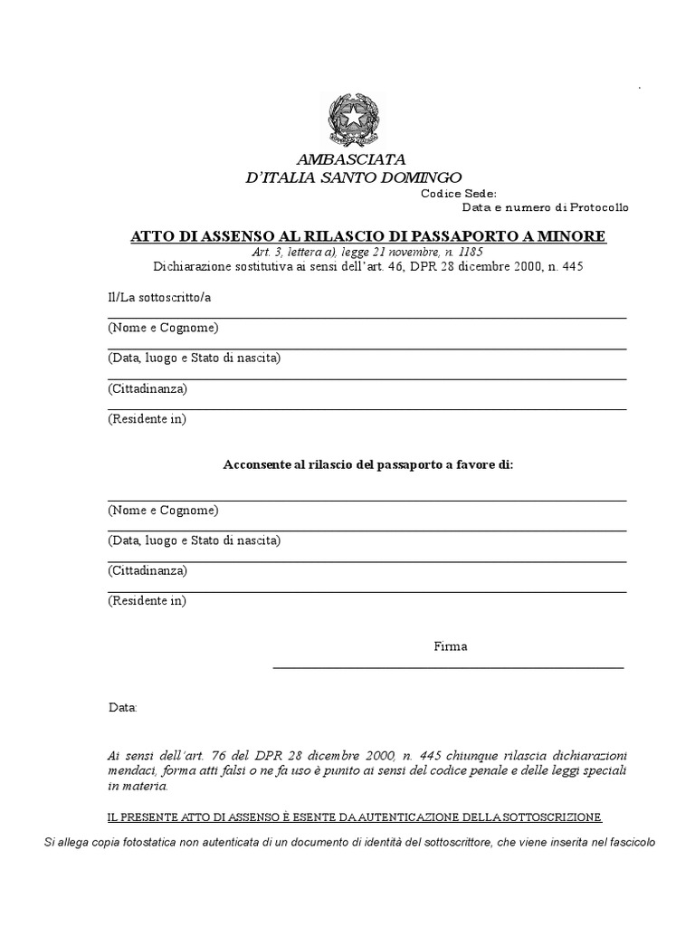 Atto Di Assenso Al Rilascio Del Passaporto Di Figlio Minore Da Genitori UE