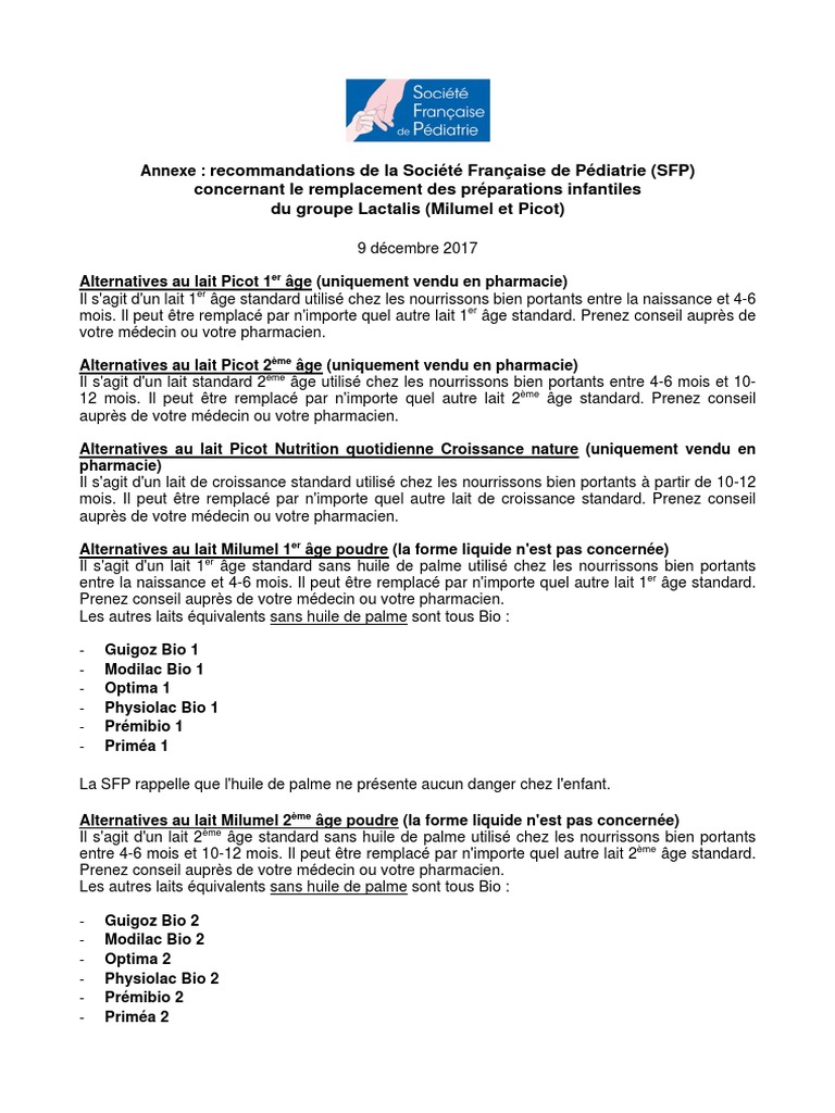 Les Recommandation De La Societe Francaise De Pediatrie Pdf Lait Allergie