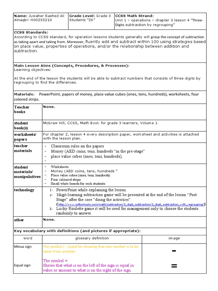 Subtraction Lesson Plan Regrouping Subtraction Cognition