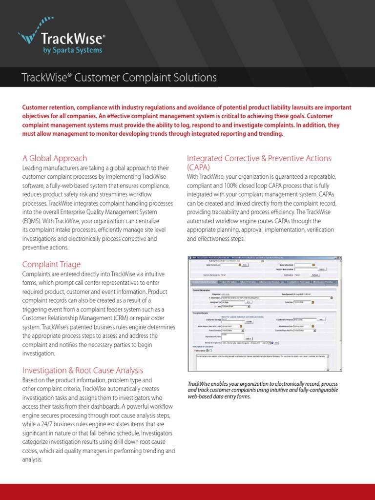 TrackWise Complaints PDF Quality Management Automation