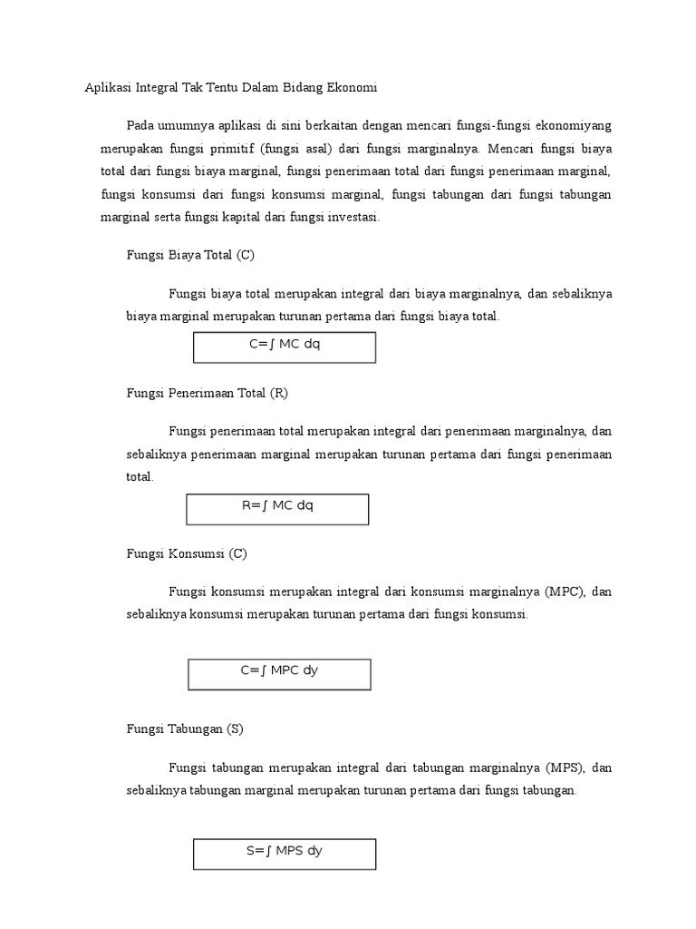 Aplikasi Integral Tak Tentu Dalam Bidang Ekonomi