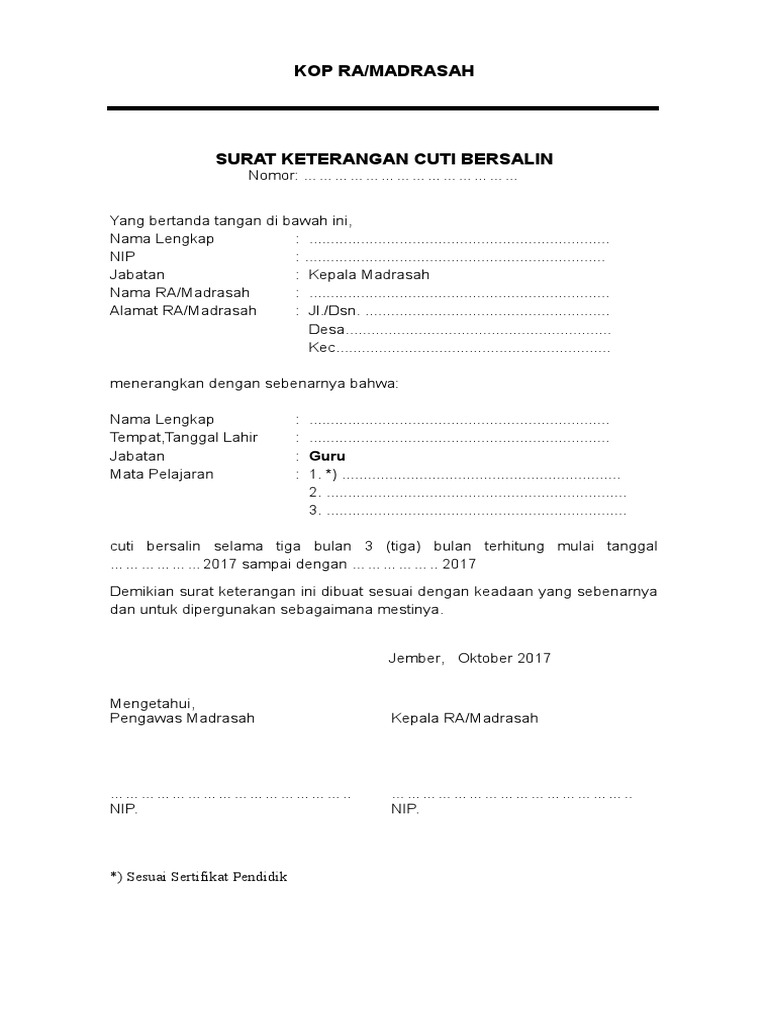 Contoh Surat Cuti Melahirkan Guru - Gudang Surat