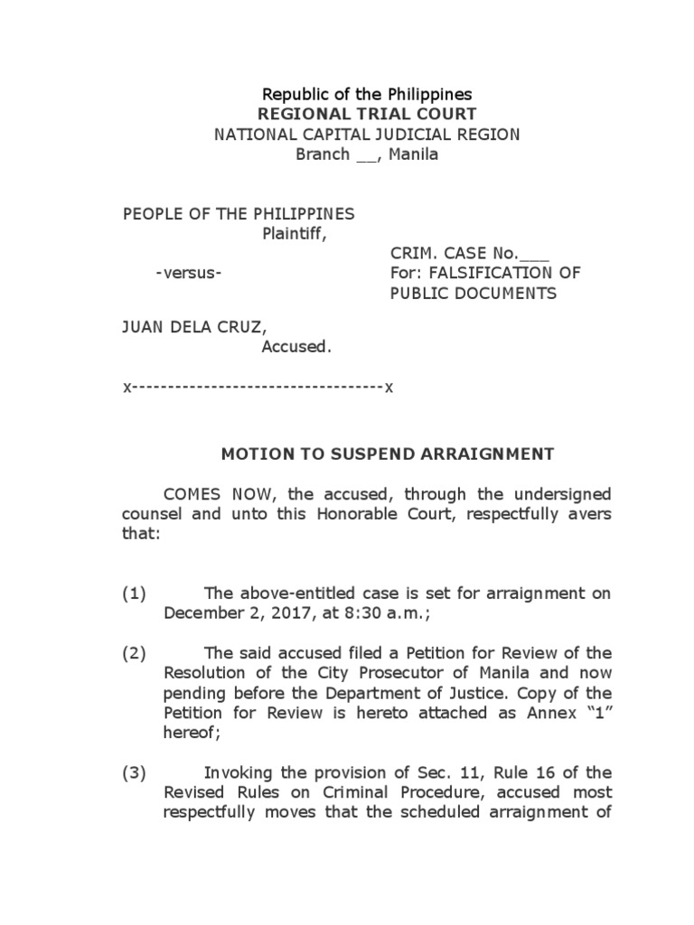 Motion to Suspend Arraignment | PDF | Arraignment | Criminal Procedure ...
