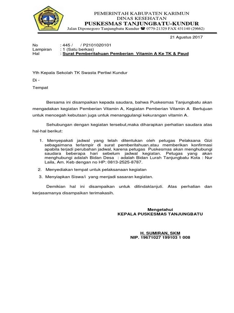 Surat Pemberitahuan Vitamin A