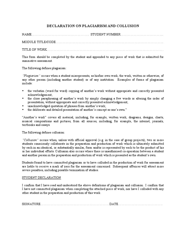 Template Plagiarism Declaration Document Plagiarism Intellectual Works