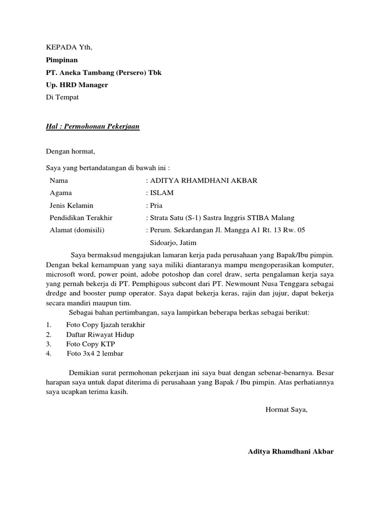 Lamaran Kerja Aditya Rhamdhani Akbar | PDF