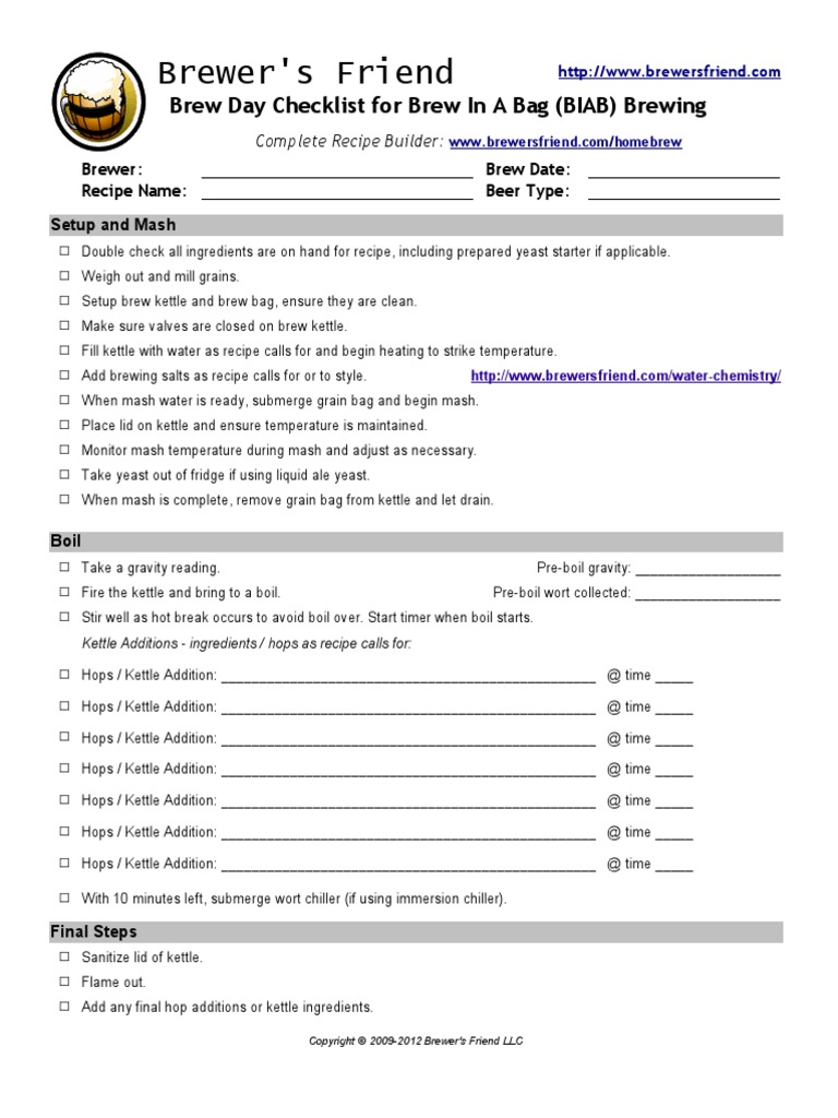 Brewersfriend Checklist BIAB PDF Brewing Homebrewing