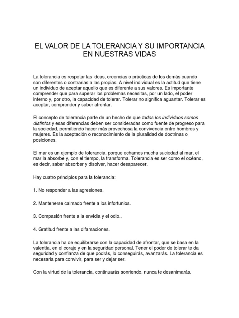 El Valor de La Tolerancia y Su Importancia en Nuestras Vidas | PDF