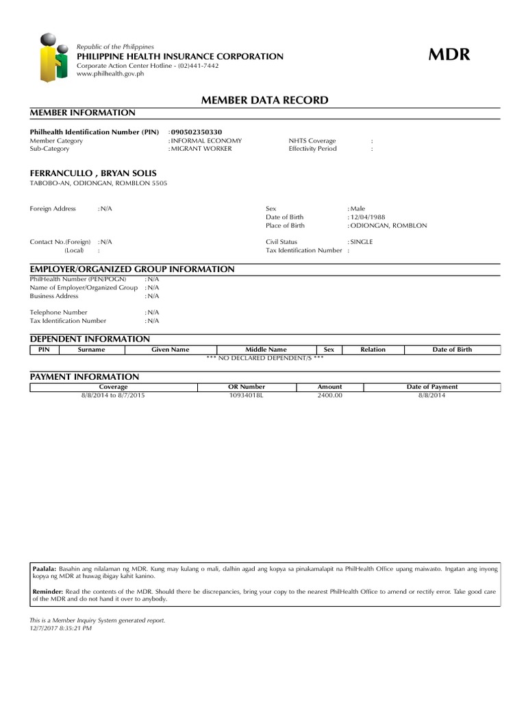 Member Data Record: Philippine Health Insurance Corporation | PDF ...