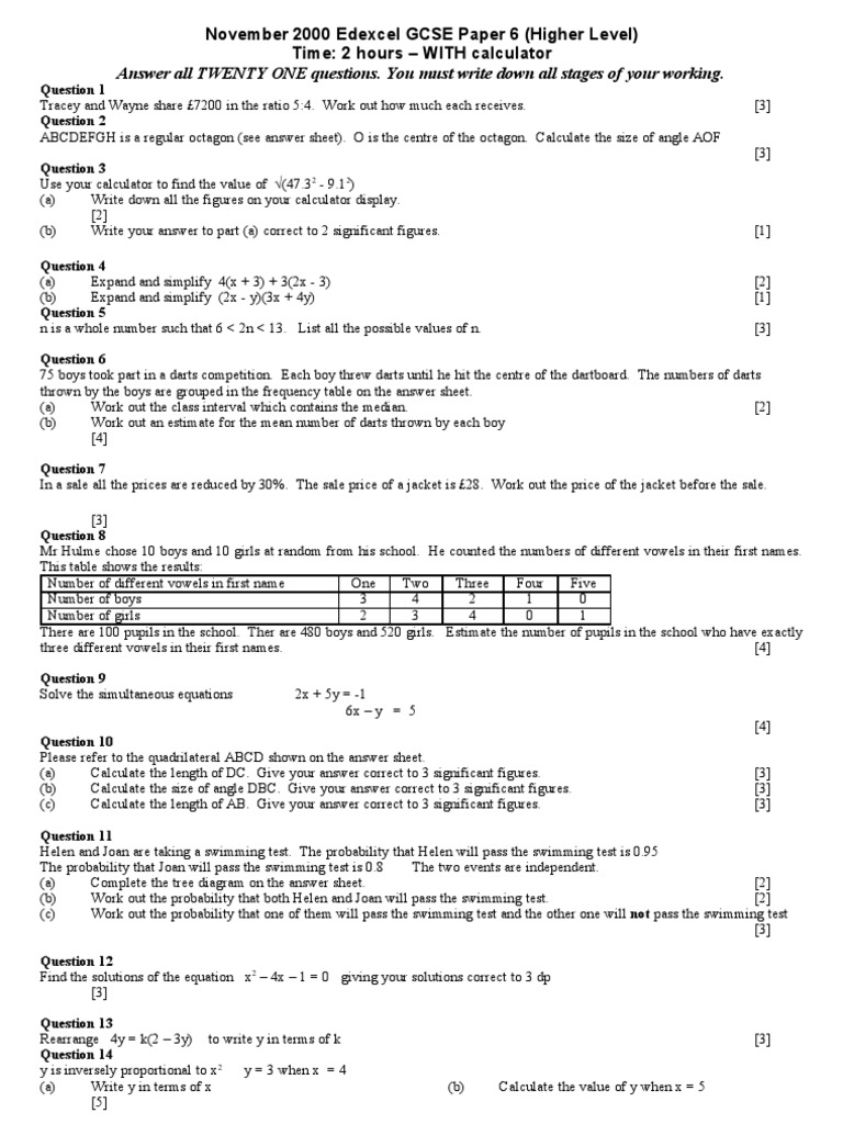 November 2000 Edexcel GCSE Maths Paper | PDF | Area | Rectangle