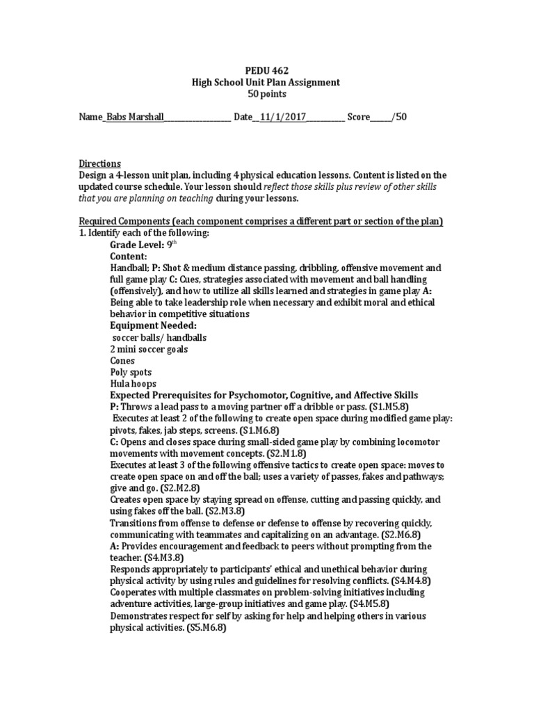 Handball Unit Plan PDF Educational Assessment Physical Education
