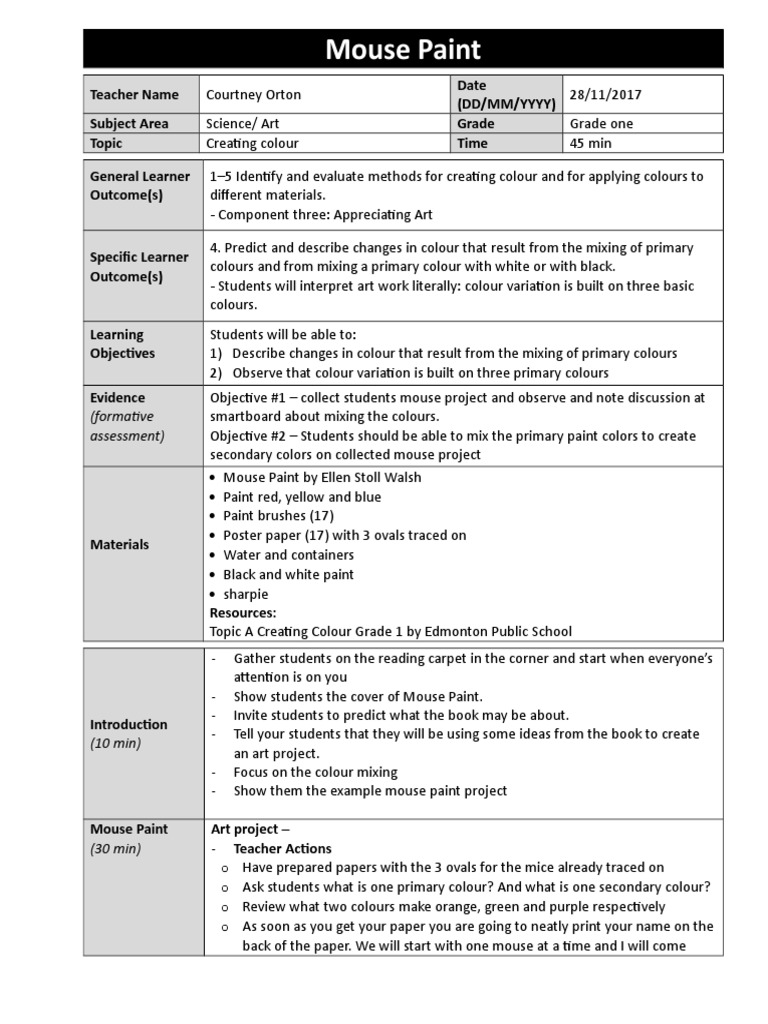 Mouse Paint Lesson Plan 1 Color Educational Assessment