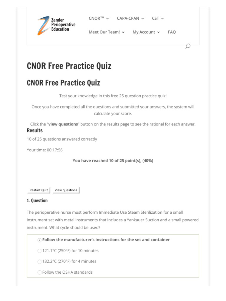 CNOR Free Practice Quiz Zander Perioperative Education Surgery Anesthesia