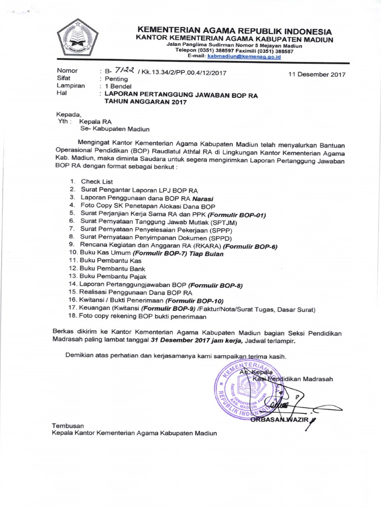 Surat Permintaan Lpj Bop Ra 2017