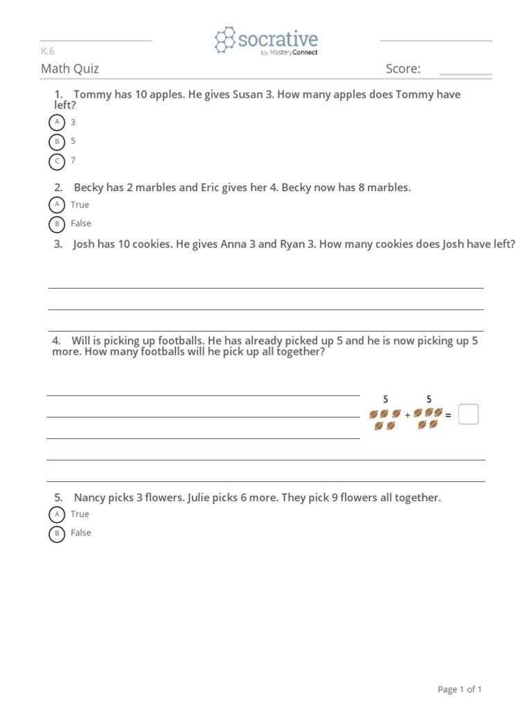 K.6 Math Quiz for Kids | PDF