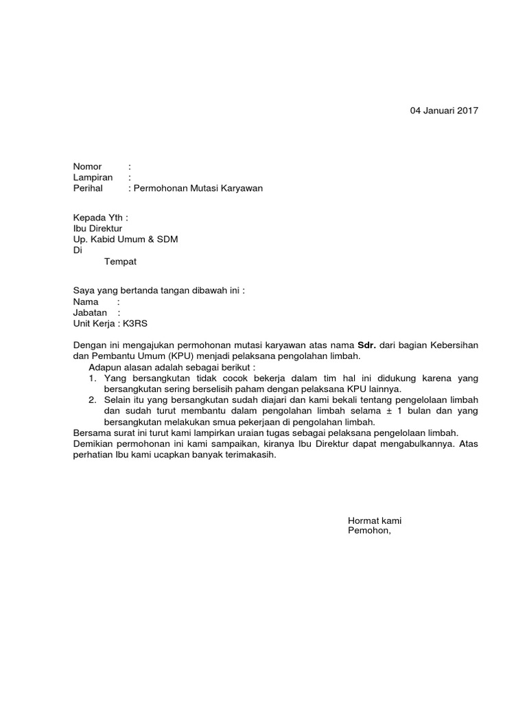 Permohonan Mutasi Karyawan K3rs Pdf