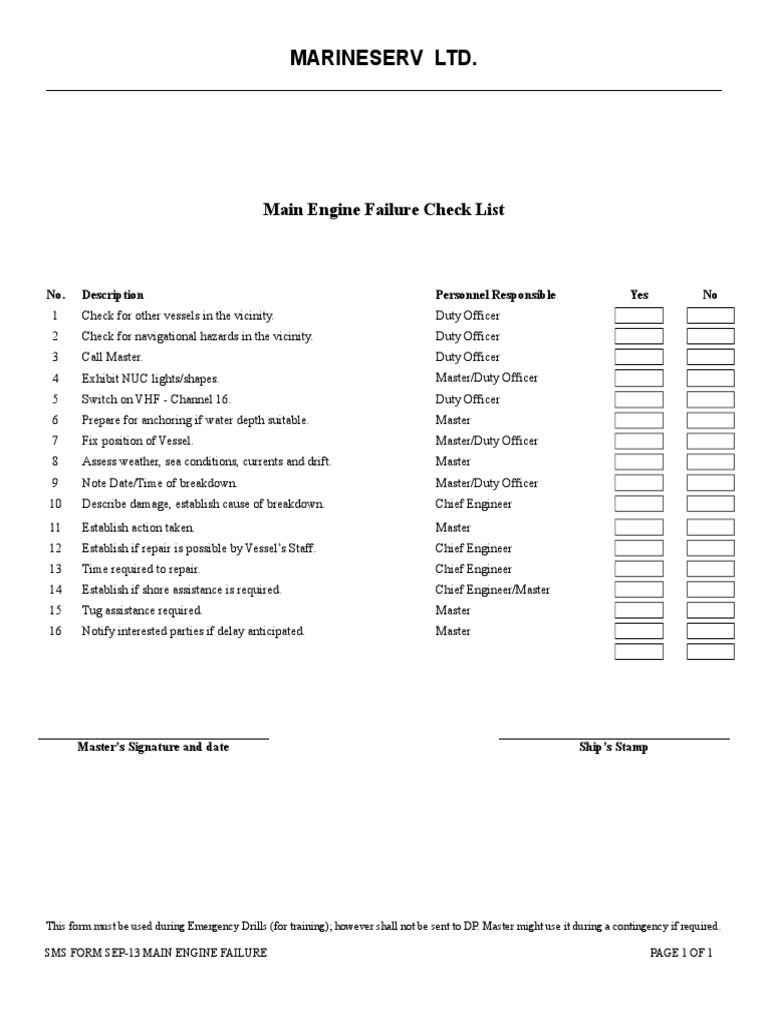 Main Engine Failure Checklist | PDF