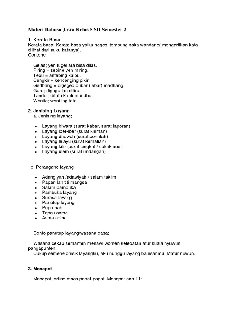 Materi Bahasa Jawa Kelas 5 Sd Semester 2