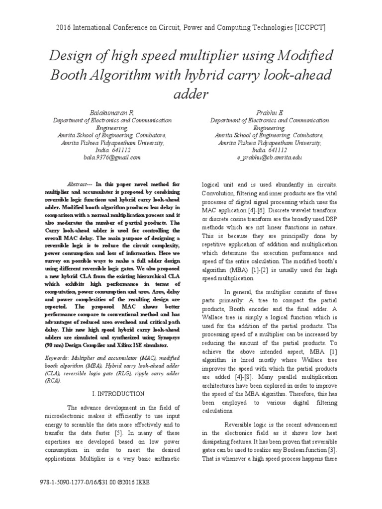 Design of High Speed Multiplier Using Modified Booth Algorithm With ...