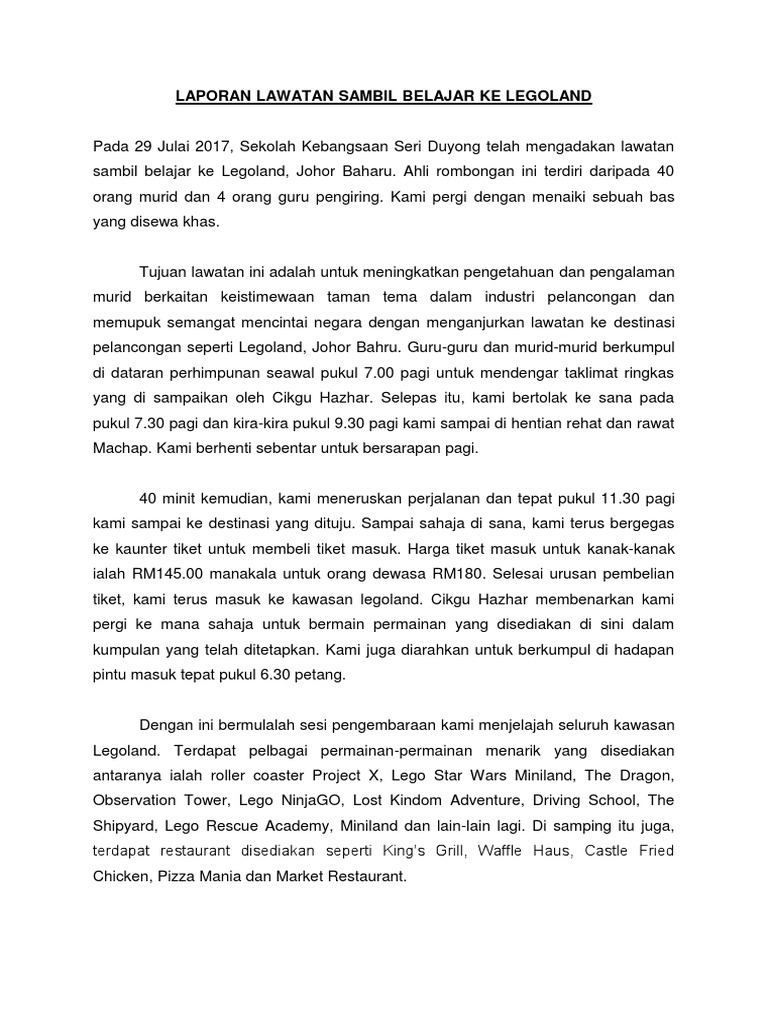 Laporan Lawatan Sambil Belajar Ke Legoland Pdf