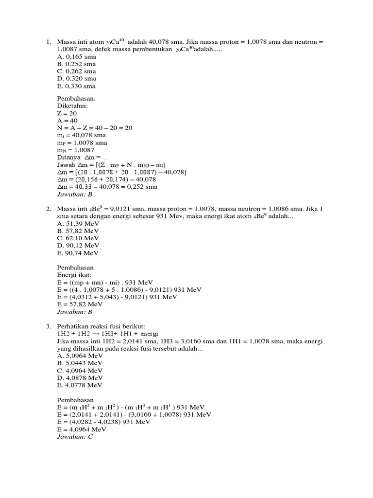 Soal Dan Pembahasan Inti Atom Dan Imtek Nuklir Ipa Kelas Xii